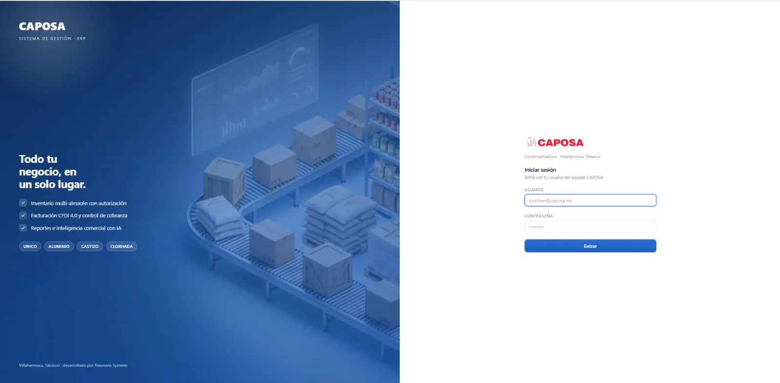 CAPOSA — Sistema de Gestión ERP (pantalla de inicio de sesión)