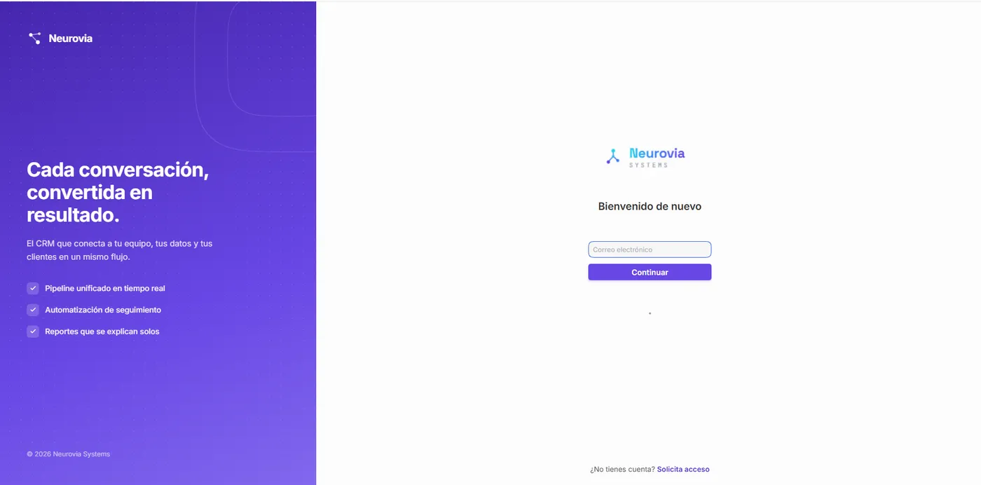 Pantalla de acceso del CRM de Neurovia Systems